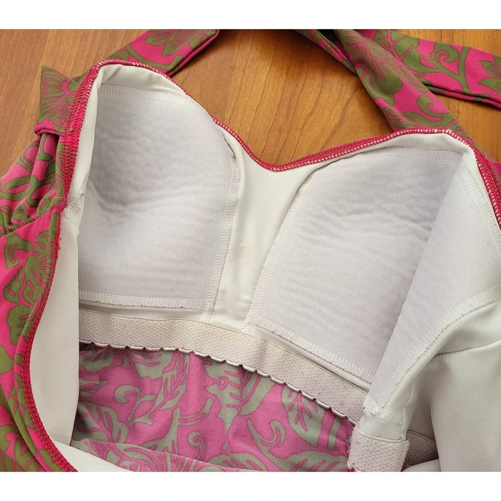 Lands' End Halter Tankini Swim Top Womens 12 Ruched Pink Green‎ Floral Tropical